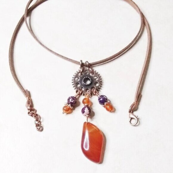 Snazzy! Orange Agate Purple Sea Sediment Jasper Copper Steampunk Suede Necklace - Picture 3 of 8